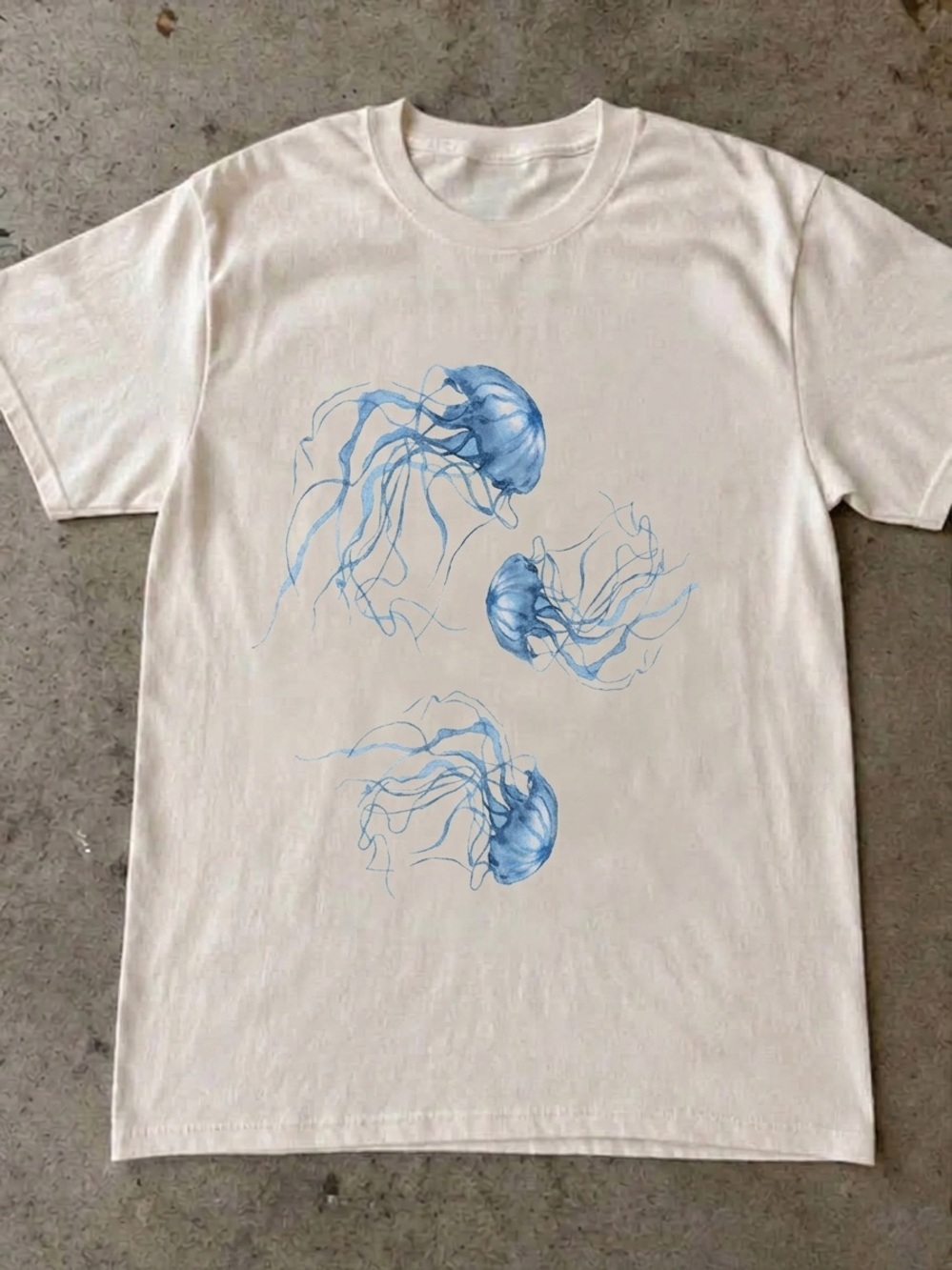 Blue Jellyfish Shirt, Minimalist Ocean Graphic Tee - Unisex Off White